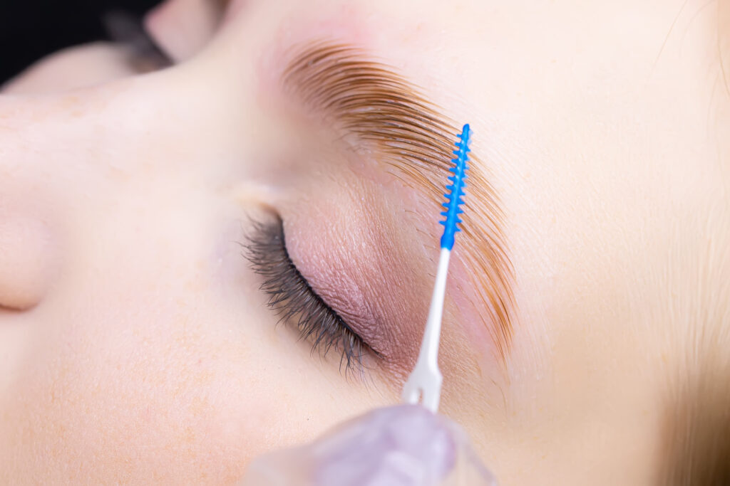 the master combs the eyebrows with a special brush after the eyebrow lamination procedure